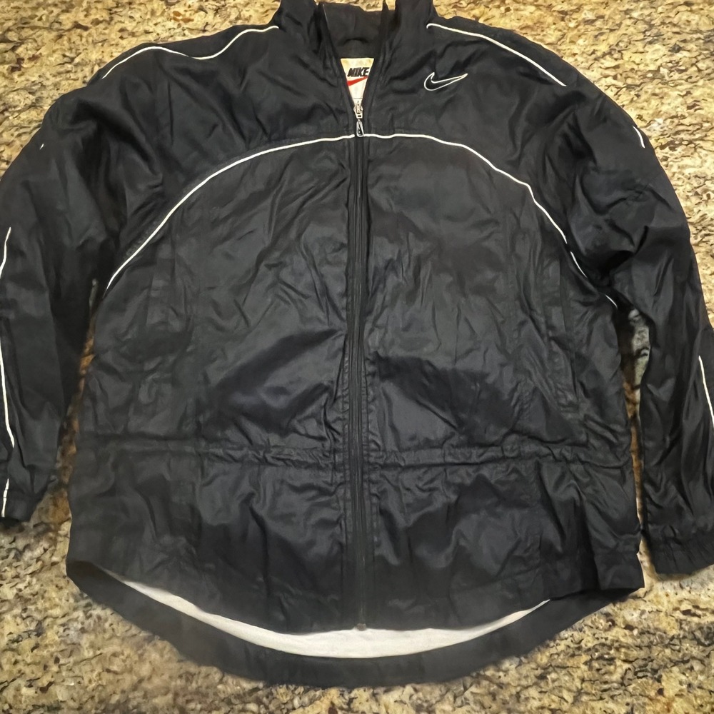 Vintage Nike Womens Windbreaker‎ Jacket Black White Swoosh Full Zip Small 4-6